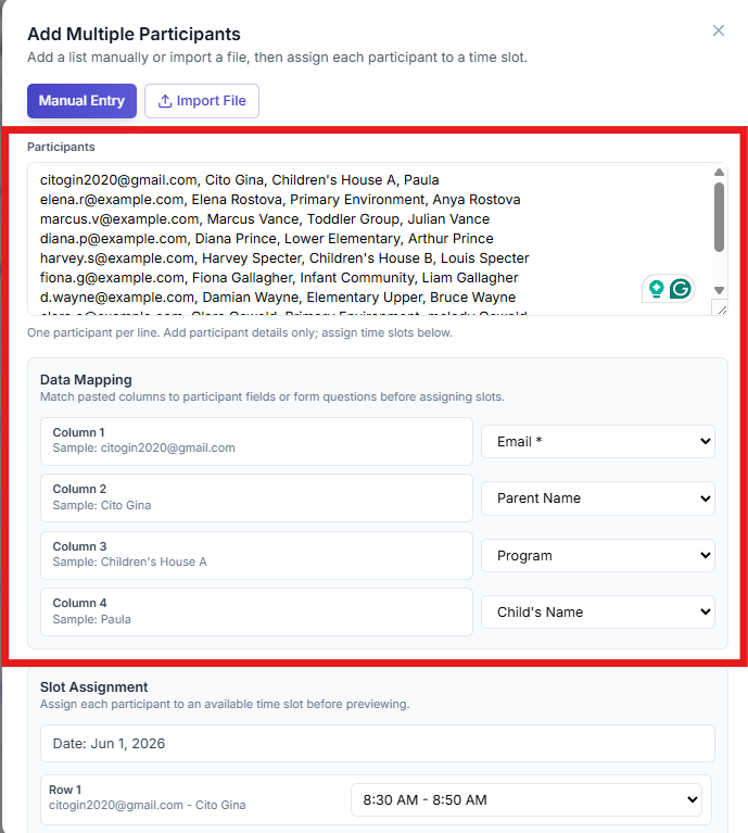 Add Multiple Participants modal with manual entry and data mapping