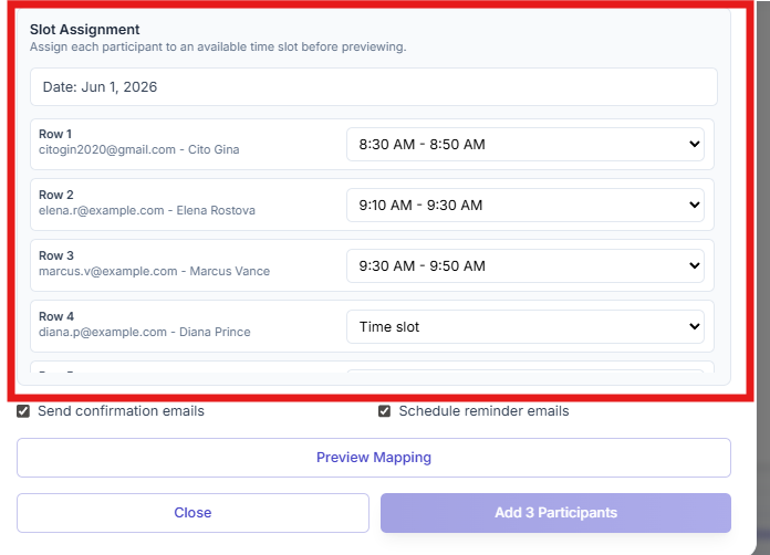 Slot Assignment section for bulk participant import