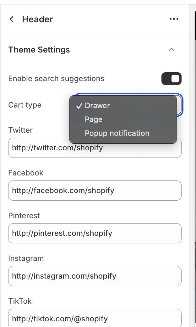 Shopify cart type settings