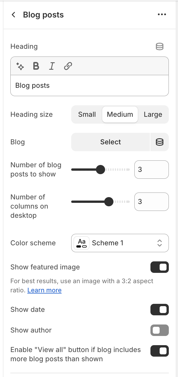 Shopify blog posts configure