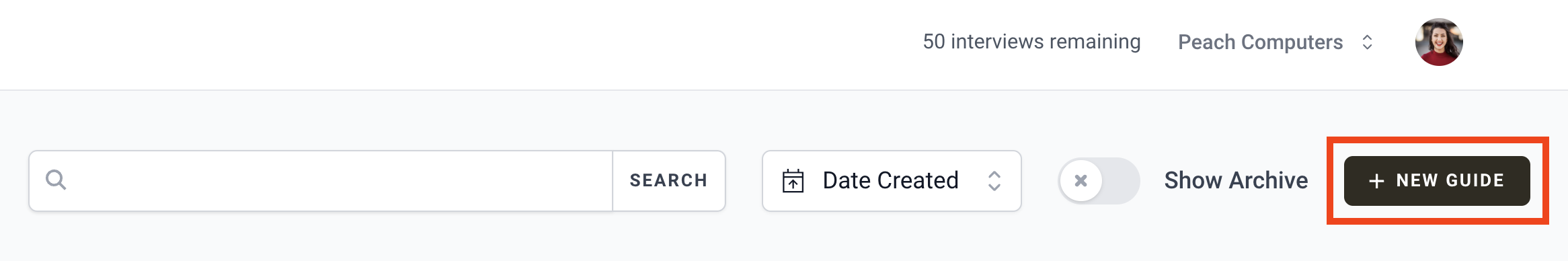 screenshot of Guides index page header with New Guide button highlighted