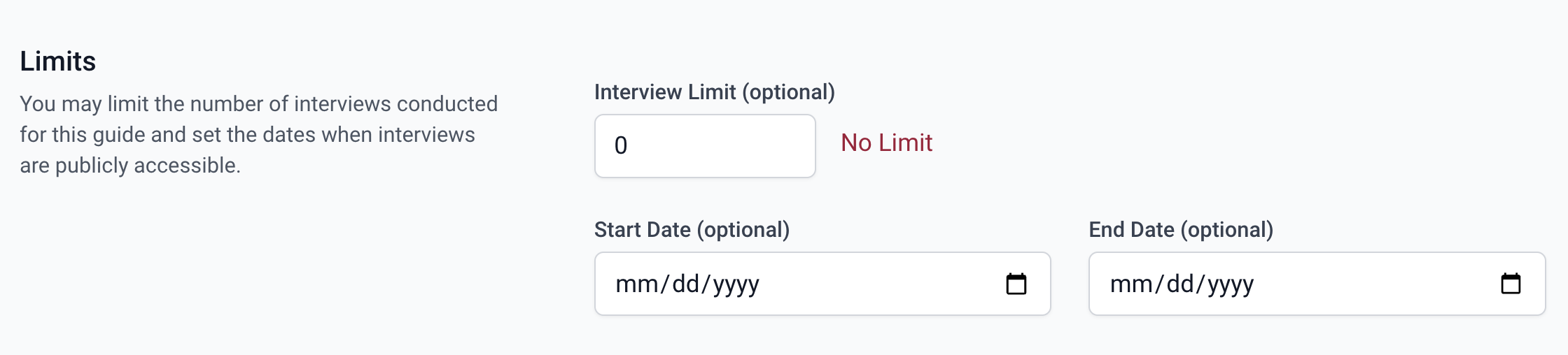 screenshot of Guide creation Limits section