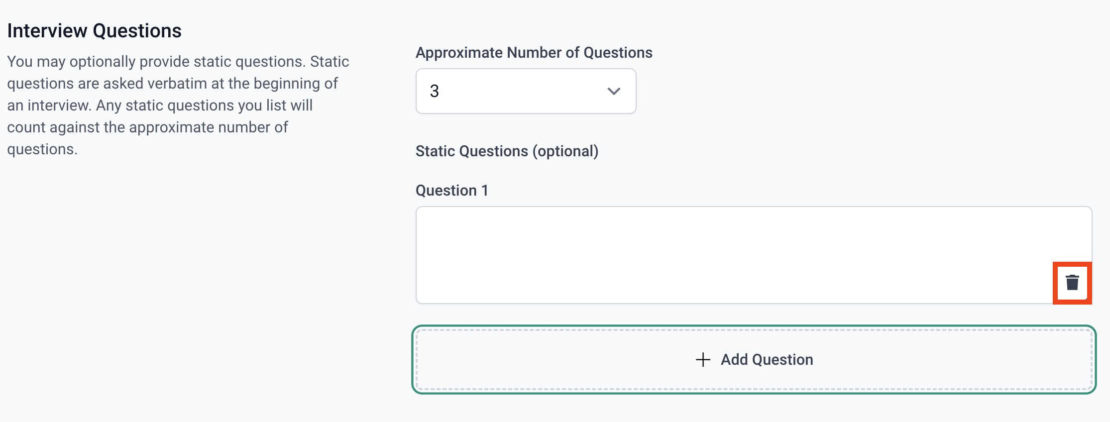 screenshot of Static Question text field
