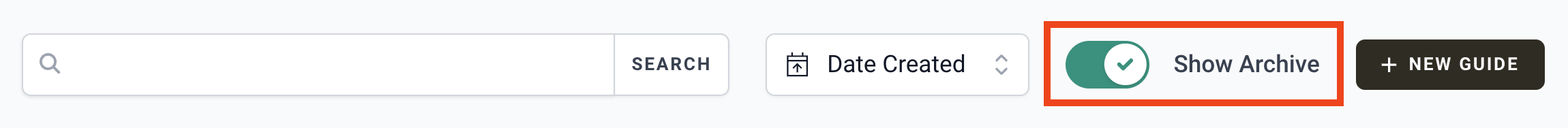 screenshot of Show Archive toggle on the Guides listings page