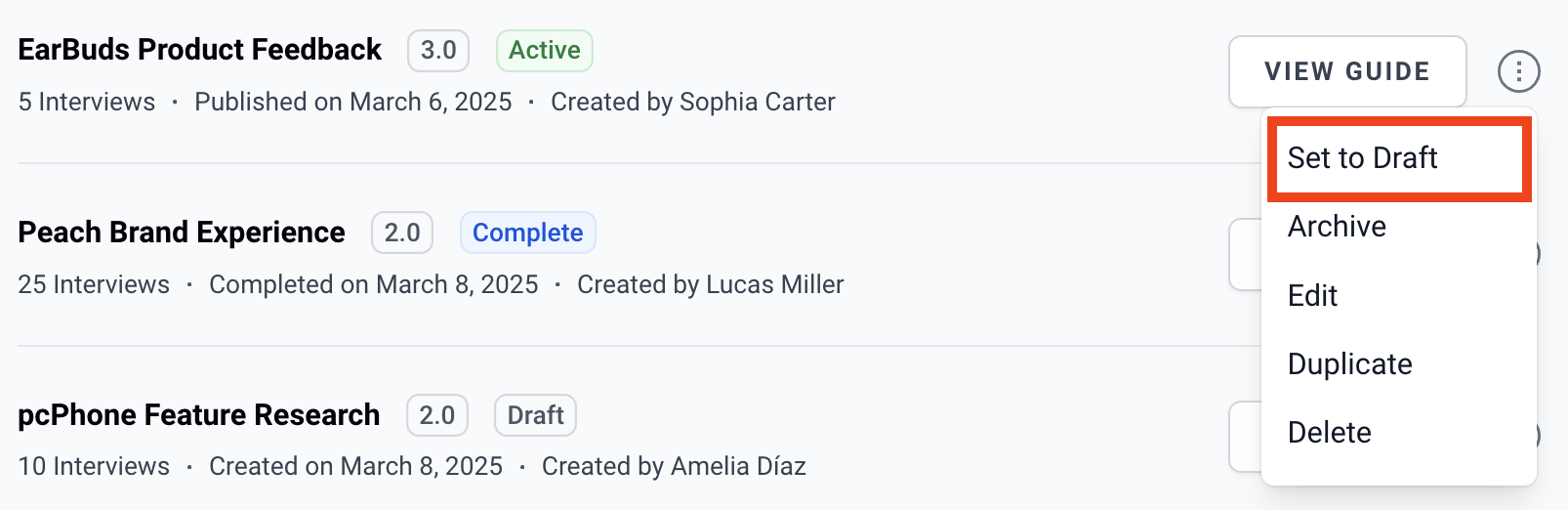 screenshot of setting Active Guide to Draft