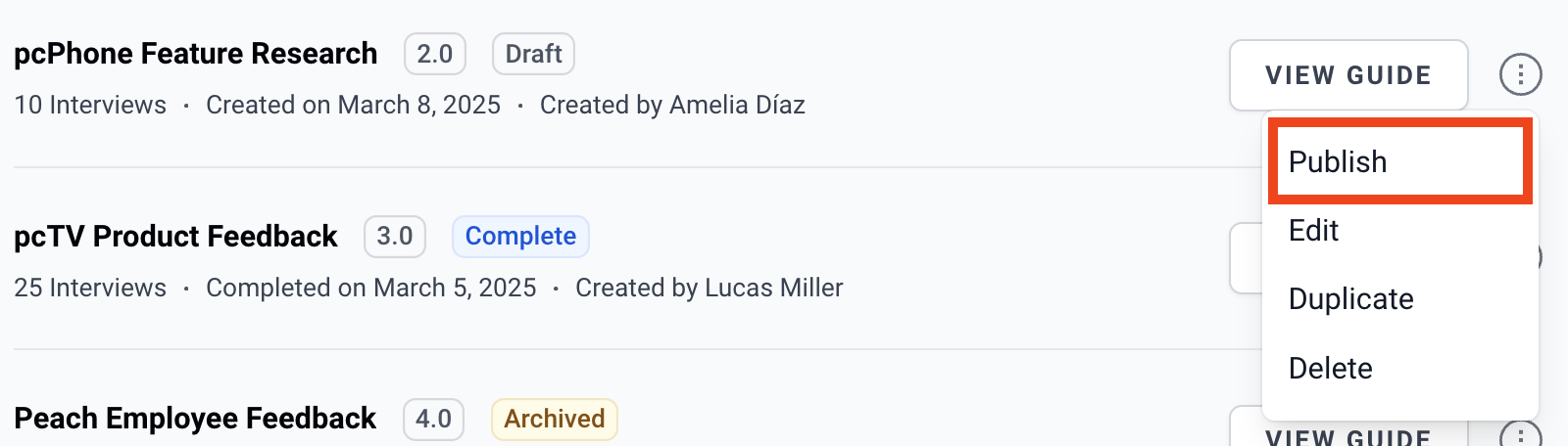 screenshot of setting Draft Guide to Active