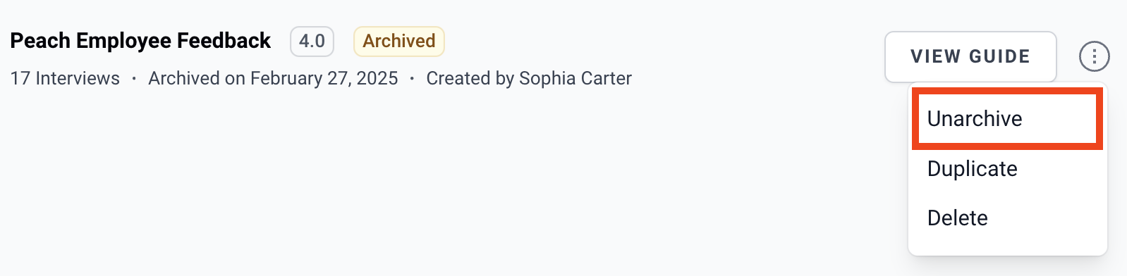 screenshot of setting Archived Guide to Active