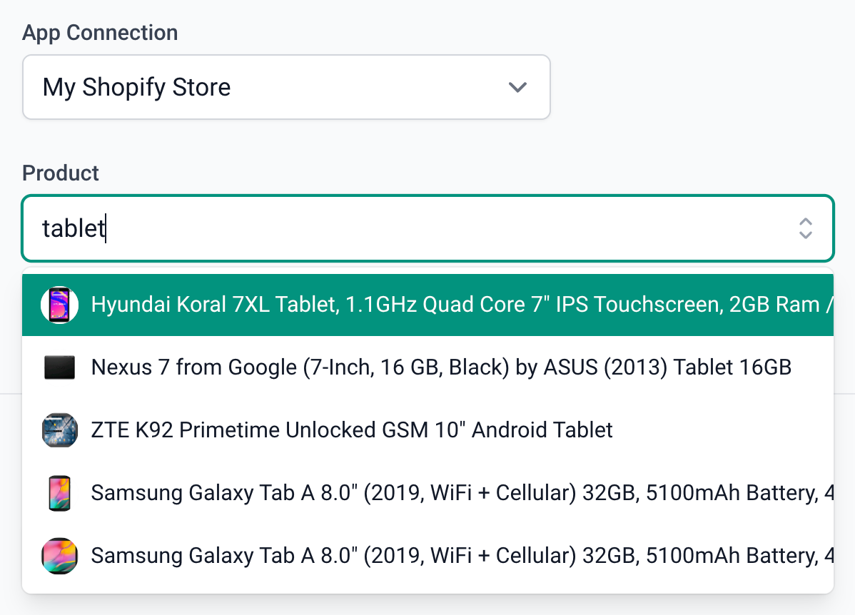 screenshot of product select field when create Guide with Shopify app