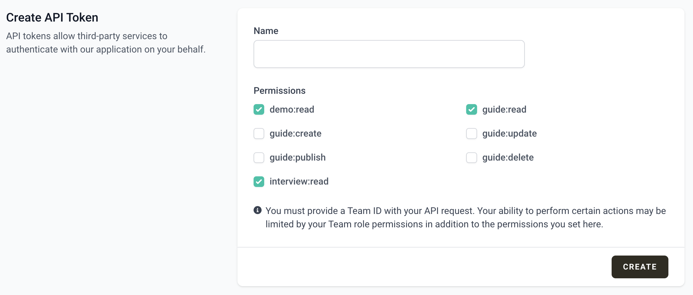 screenshot of the Create API Token section
