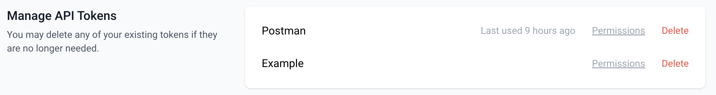 screenshot of Manage API tokens section