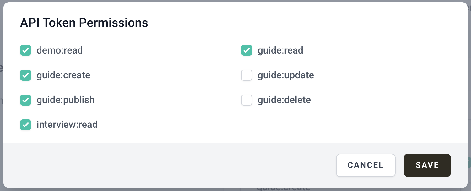 screenshot of API Token Permissions popup