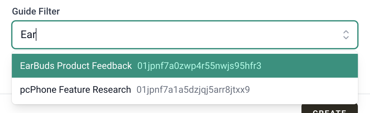 screenshot of the Guide Filter field on the Create Webhook screen