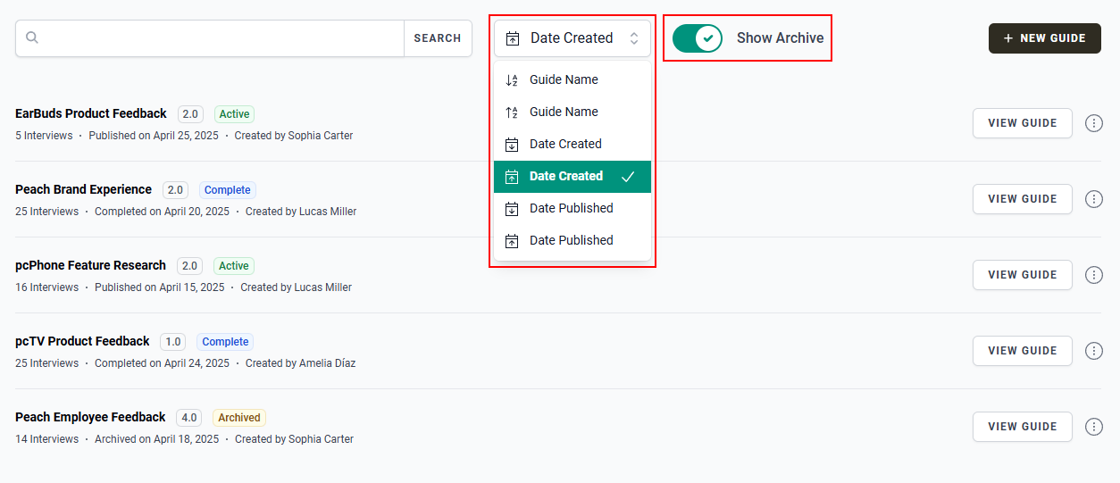 The “Date Created” dropdown menu and “Show Archive” button in the Guides page.