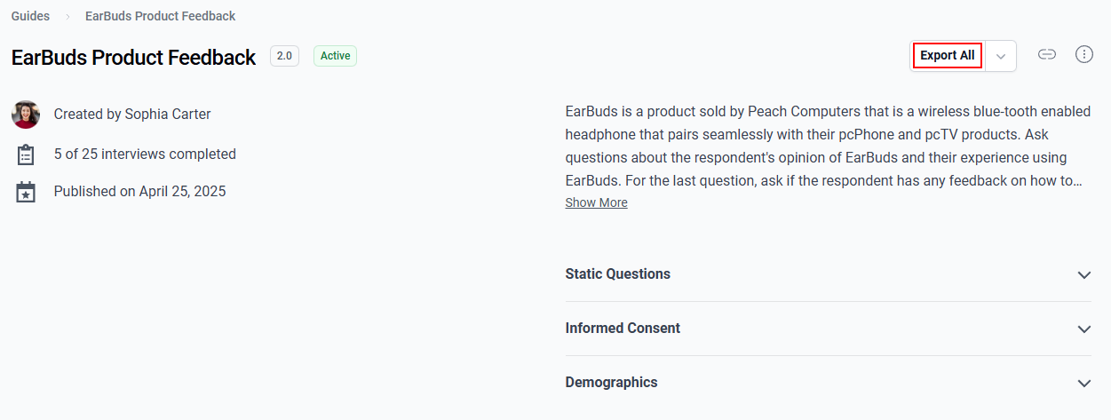 The “Export All” button in the Guide’s detail page.