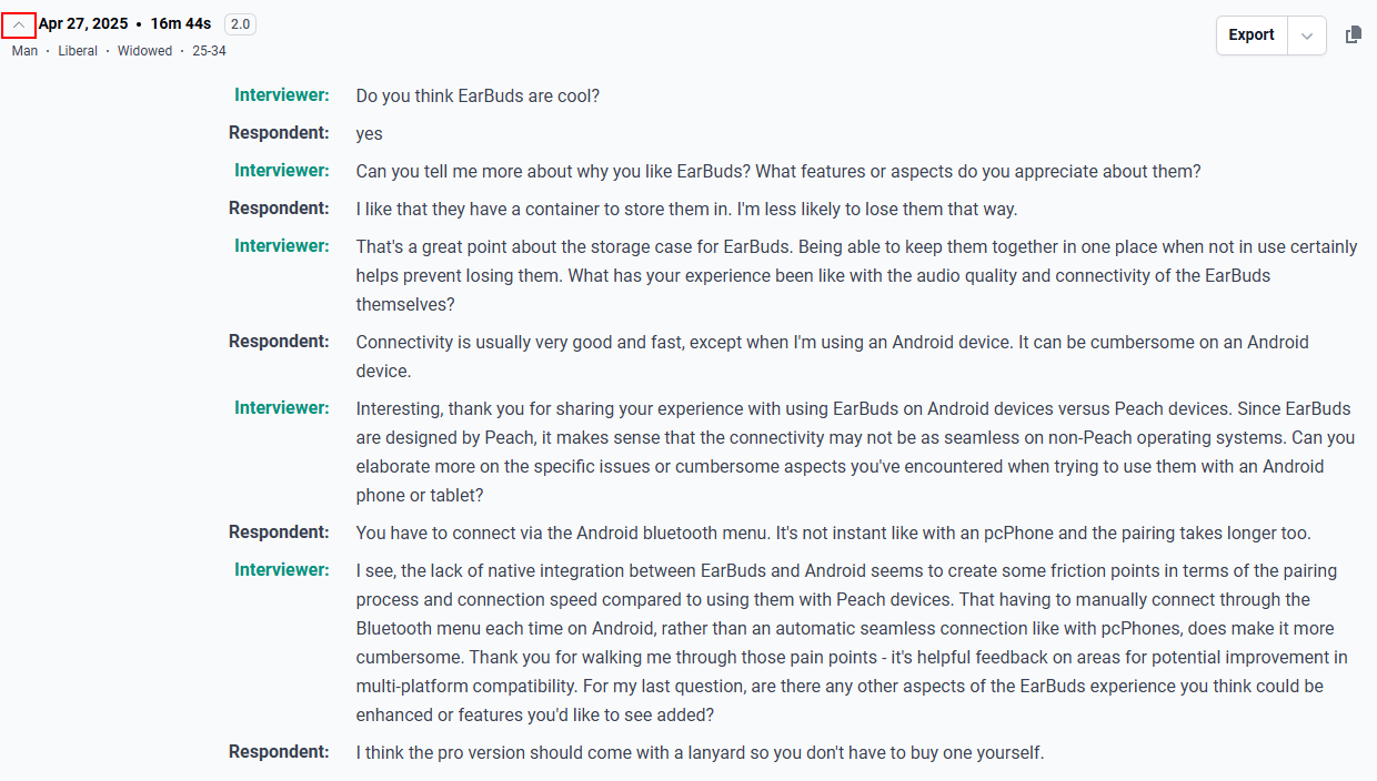 The expand/collapse button to toggle quick display of the interview transcript.
