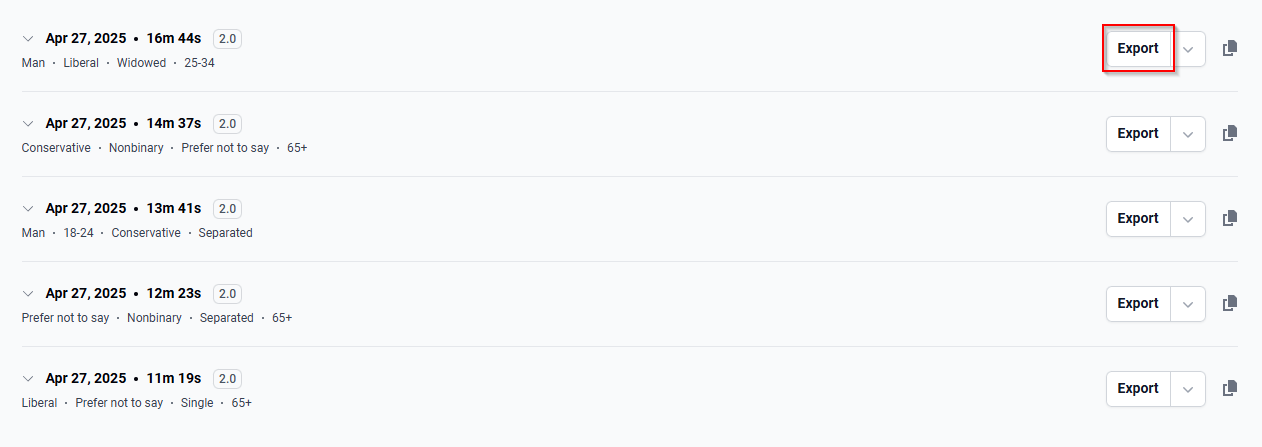 The “Export” button in the interview listings.