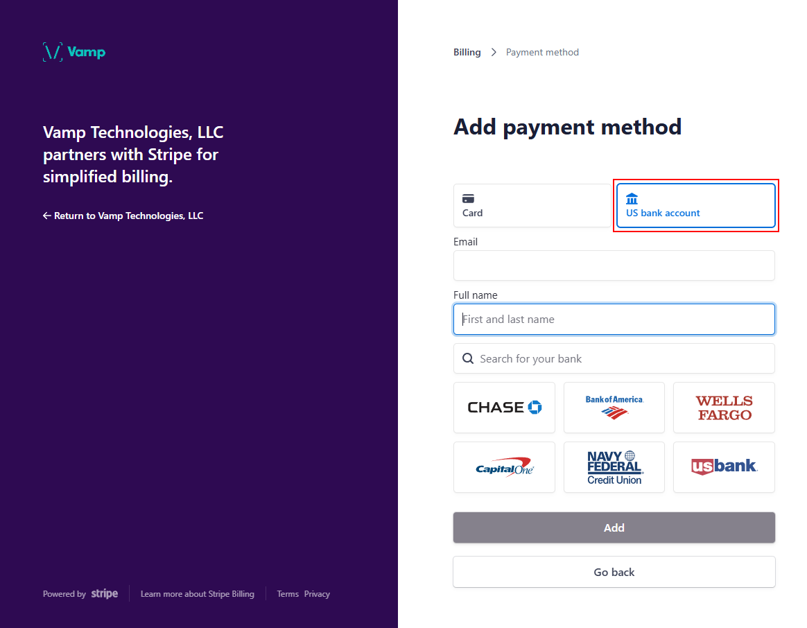 The “US bank account” button to add a new US bank account.