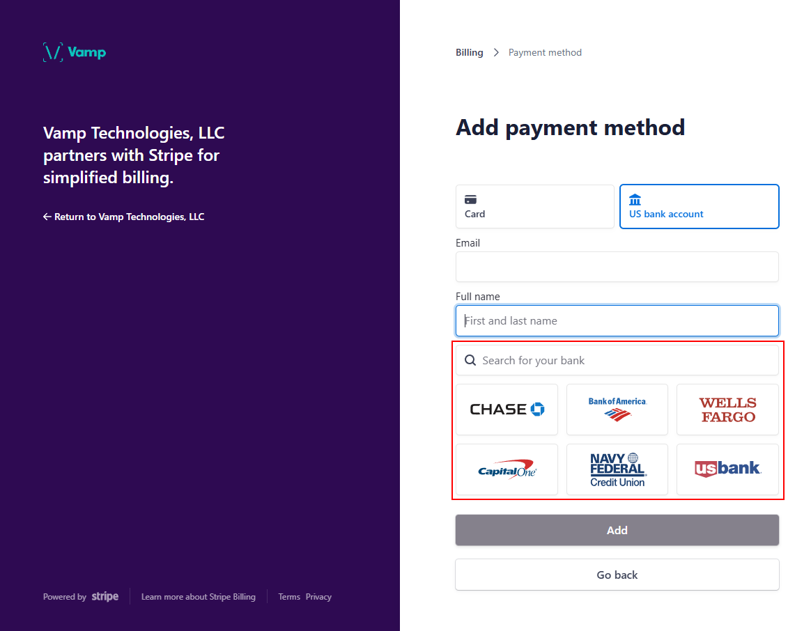 The “Search for your bank” field and the quick selection section.