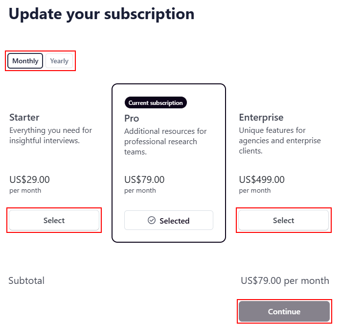 The “Monthly”, “Yearly”, “Continue”, and “Select” buttons.