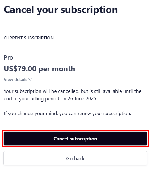 The “Cancel subscription” button to confirm cancellation.