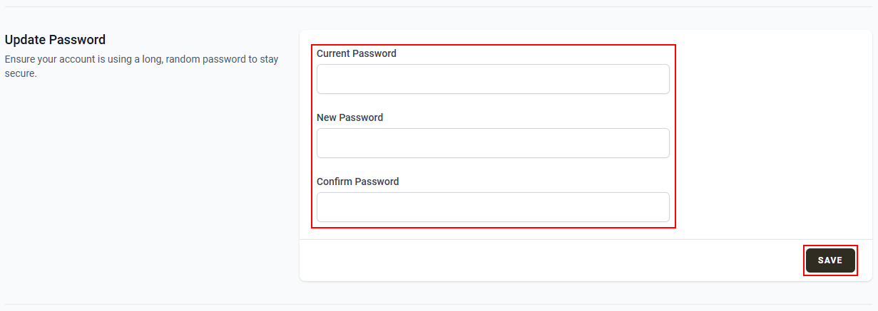 The “Update Password” section.