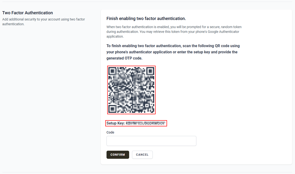 The “Two Factor Authentication” section with the QR code and Setup Key.