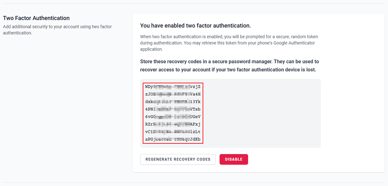 The “Two Factor Authentication” section with the recovery codes.