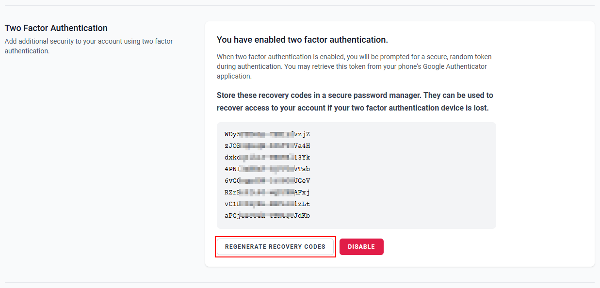 The “Two Factor Authentication” section with the “Regenerate Recovery Codes” button.