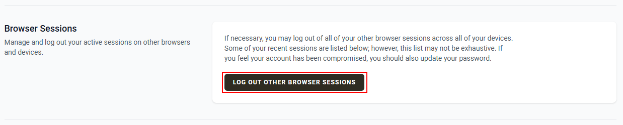The “Browser Sessions” section with the “Log Out Other Browser Sessions” button.