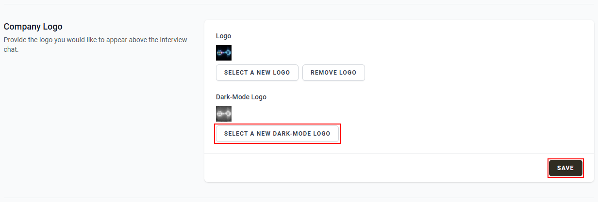 The “Company Logo” section with the “Select A New Dark-Mode Logo” button.