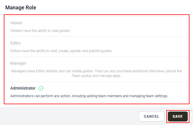 The “Manage Role” pop-up window.