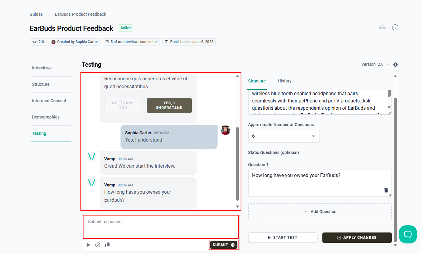 The interview questions in the test environment window, the “Submit response” field, and the “Submit” button.