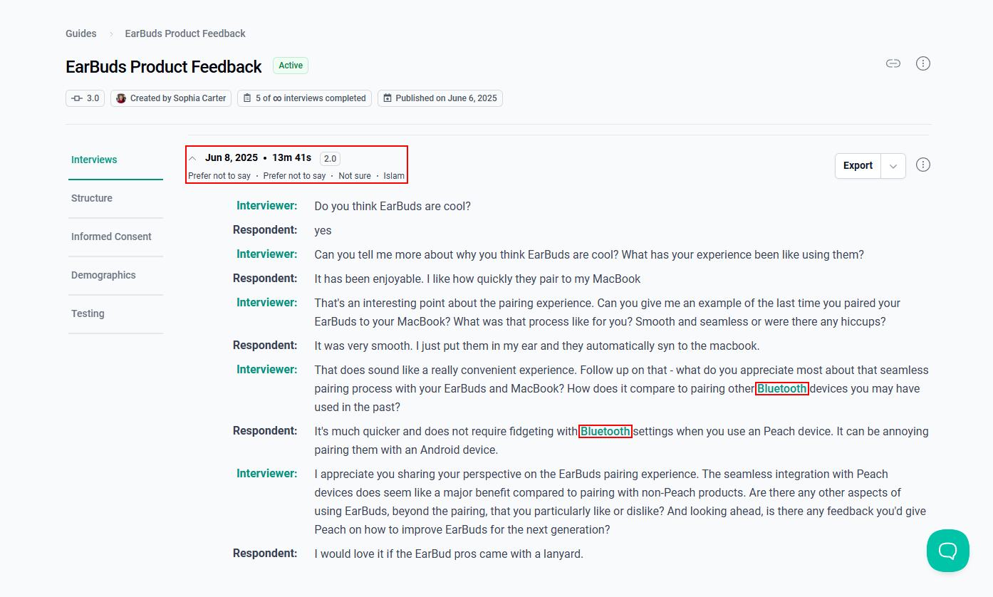 The search results with transcript identifiers and highlighted search terms.