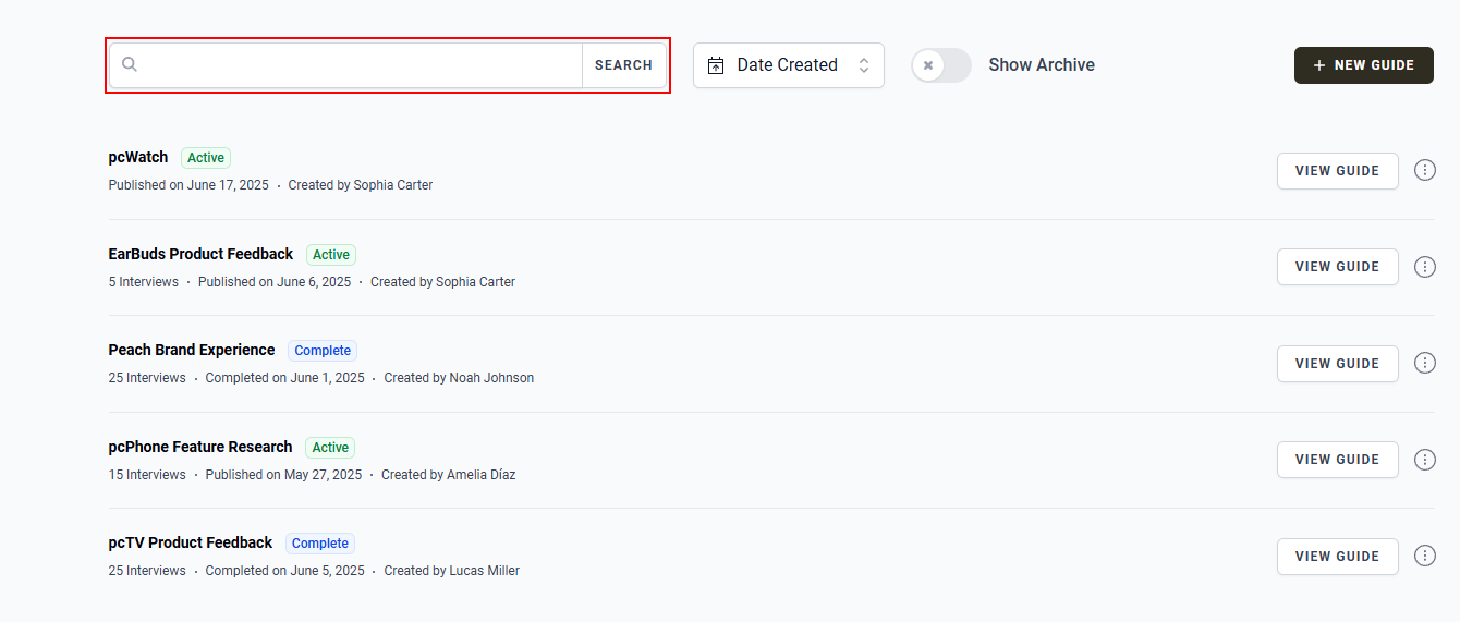 The “Search” bar in the Guides page.