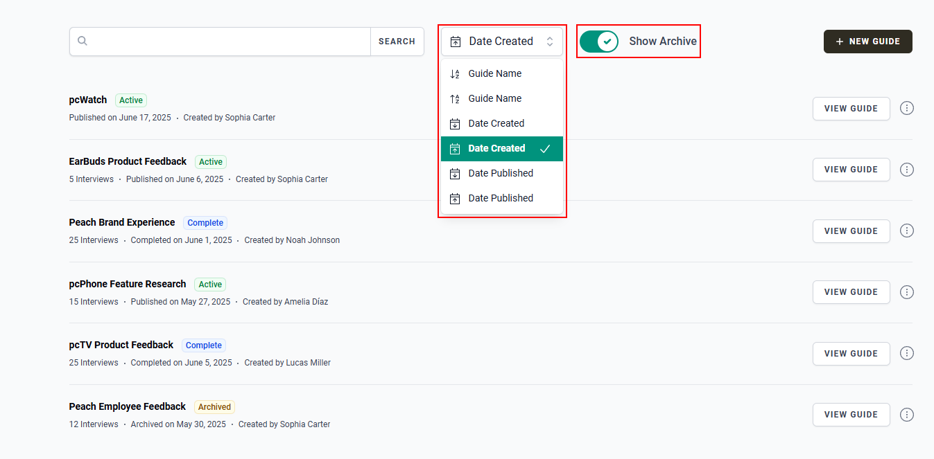 The “Date Created” dropdown menu and “Show Archive” button in the Guides page.