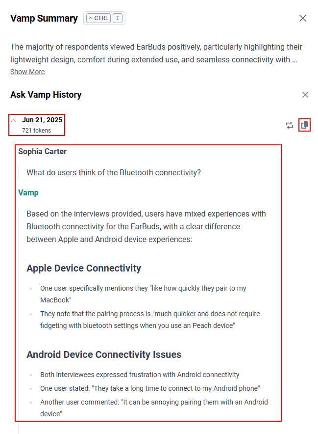 An expanded history entry and the “copy to clipboard” button.