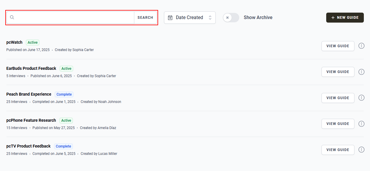 The “Search” bar in the Guides page.