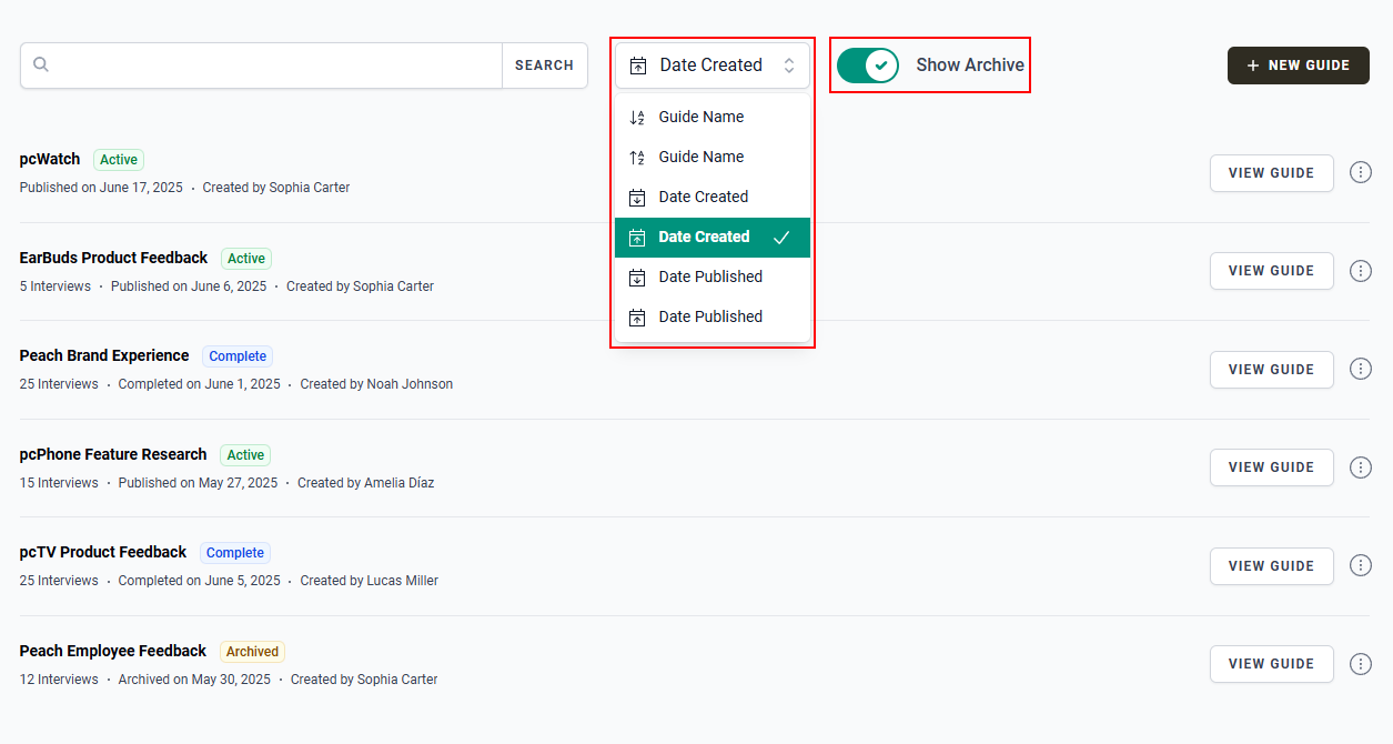 The “Date Created” dropdown menu and “Show Archive” button in the Guides page.