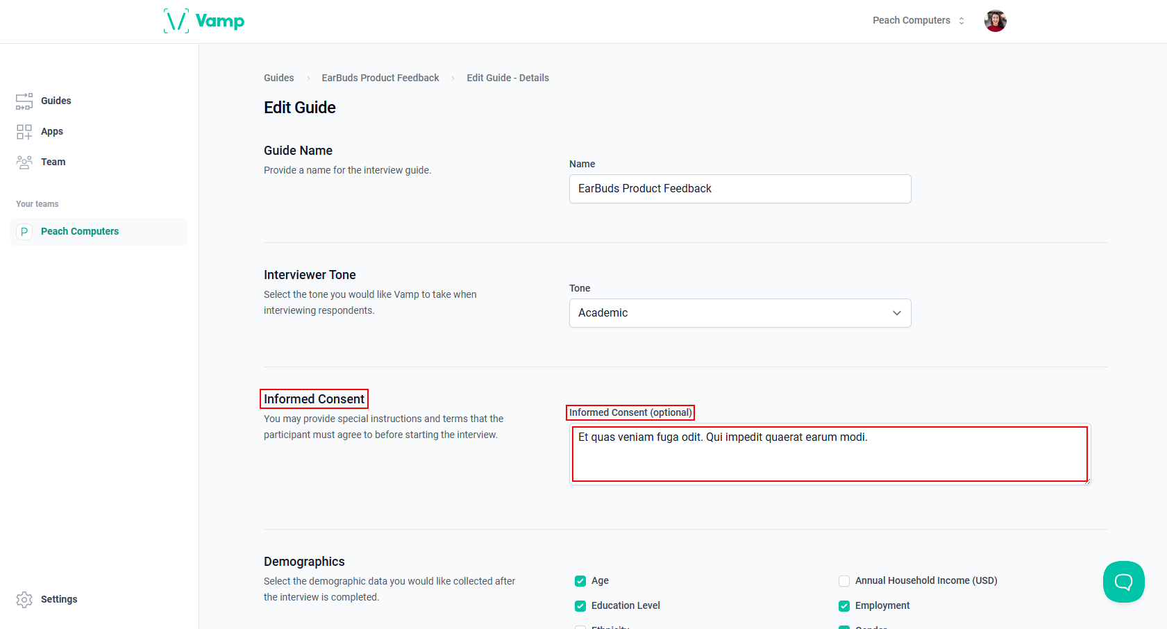 The “Informed Consent” field in the “Informed Consent” section.