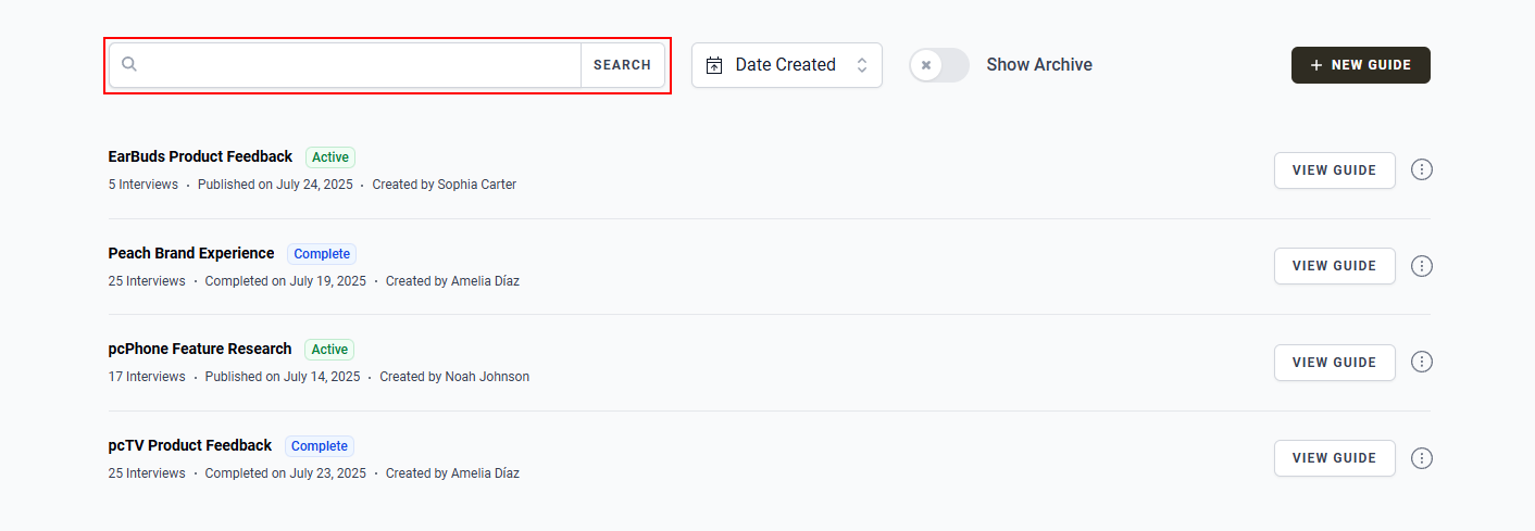 The “Search” bar in the Guides page. 