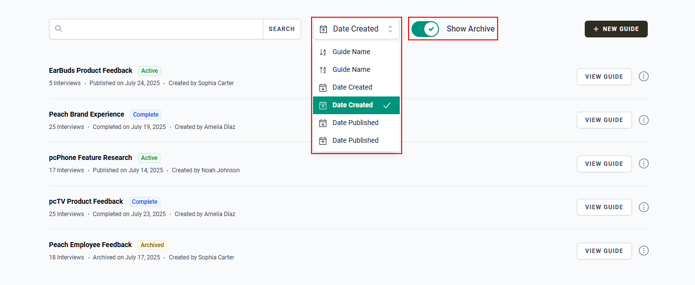 The “Date Created” dropdown menu and “Show Archive” button in the Guides page.