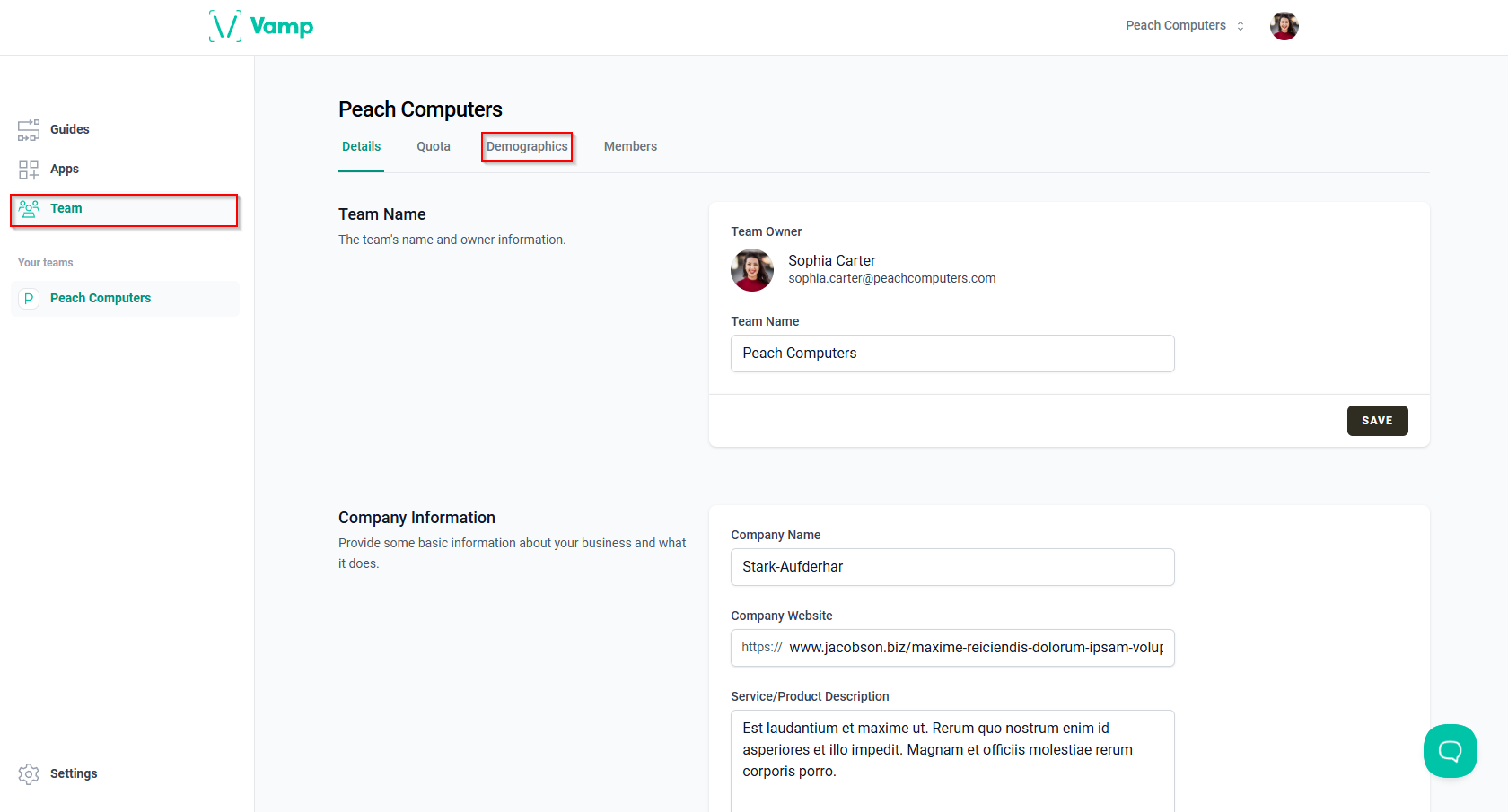 The “Team” page and the “Demographics” tab.