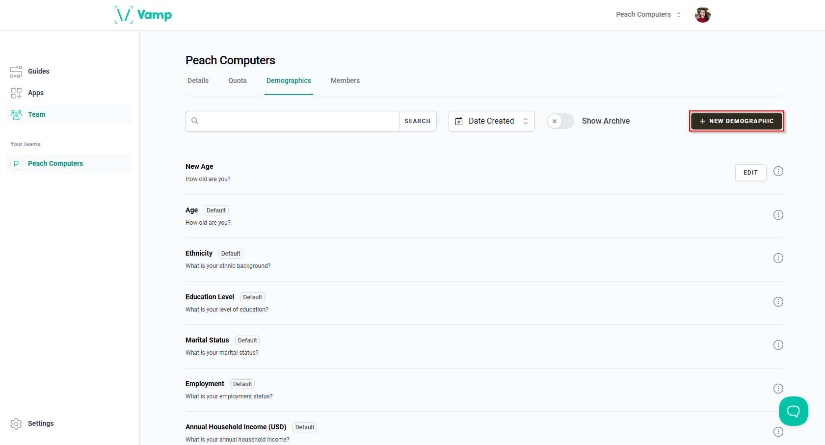 The “+ New Demographic” button.