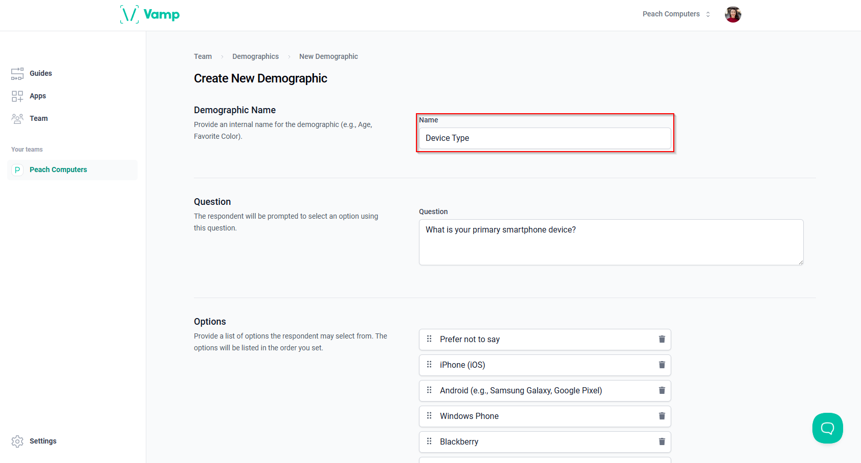 The “Name” field in the “Create New Demographic” form.