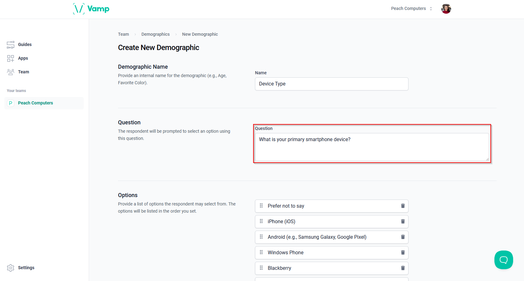 The “Question” field in the “Create New Demographic” form. 