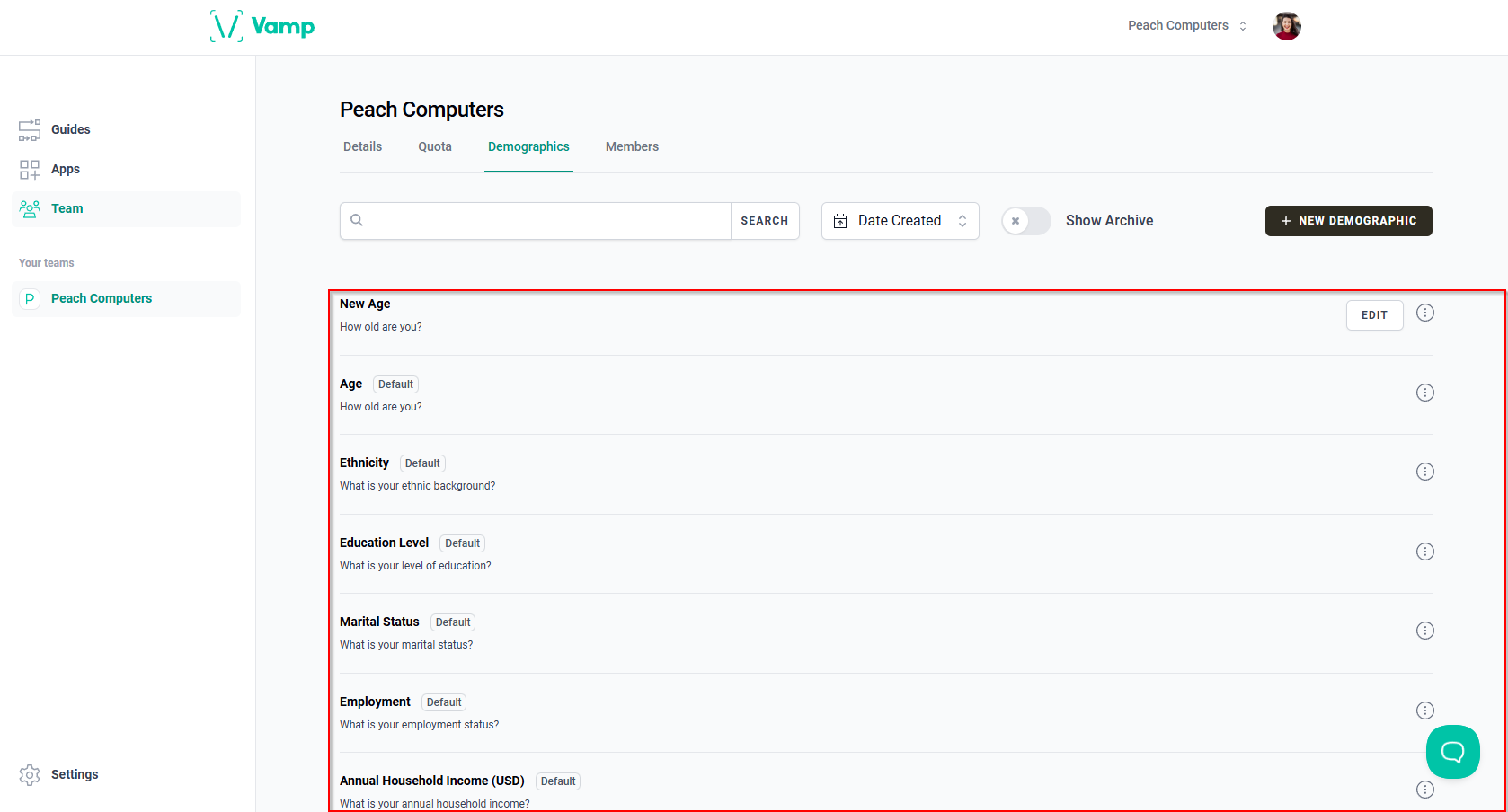 The “Demographics” tab with the list of all available demographics.