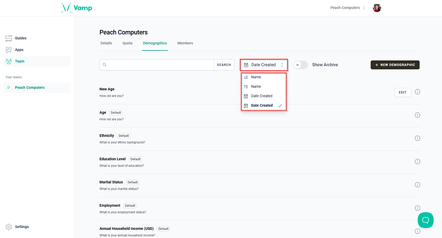 The “Date Created” drop-down menu.