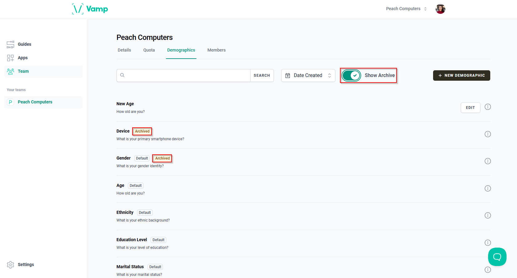 The “Show Archive” toggle button and “Archived” labels.