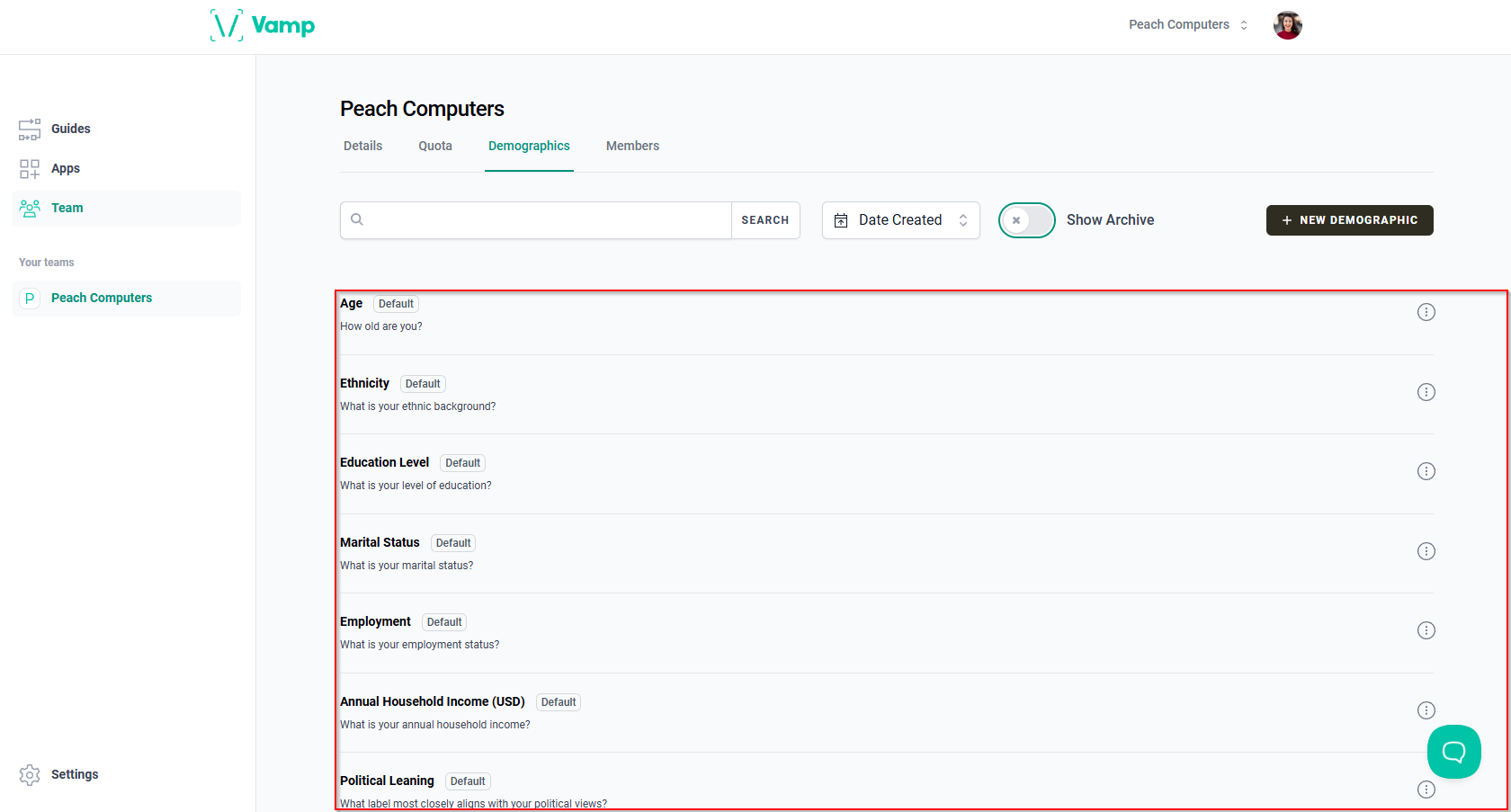 The “Demographics” tab with the list of available demographics.
