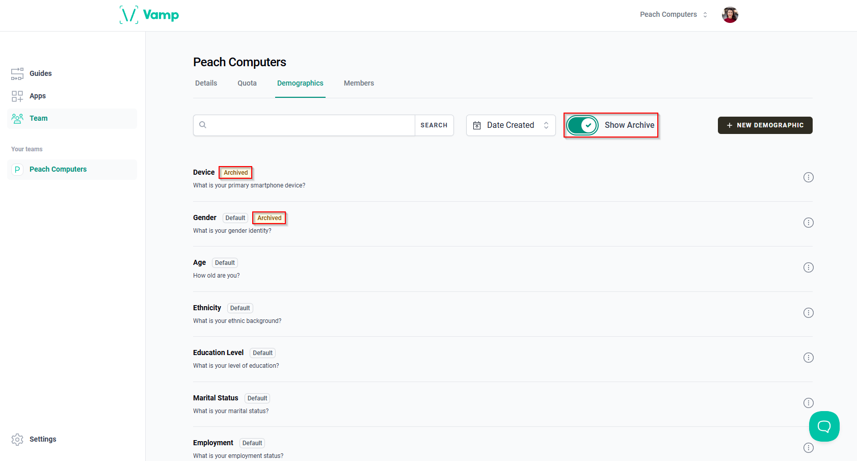 The “Show Archive” toggle button and “Archived” labels.